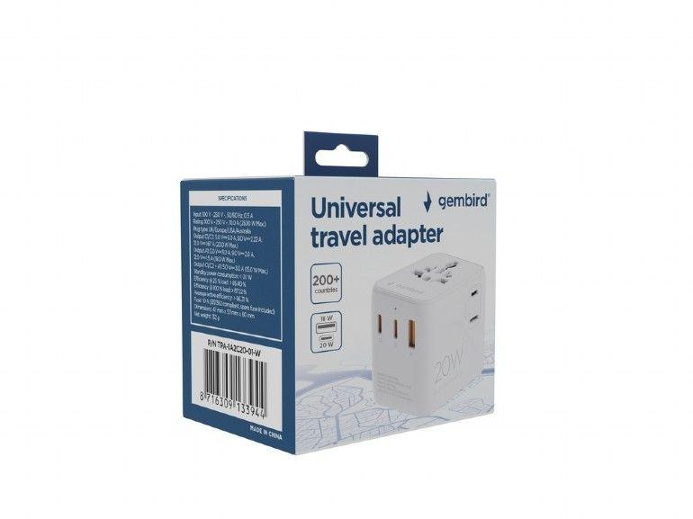 Adapteris Gembird  TPA-1A2C20-01-W Universal travel power