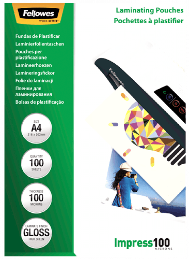 Laminēšanas plēves Fellowes A4 Glossy 100