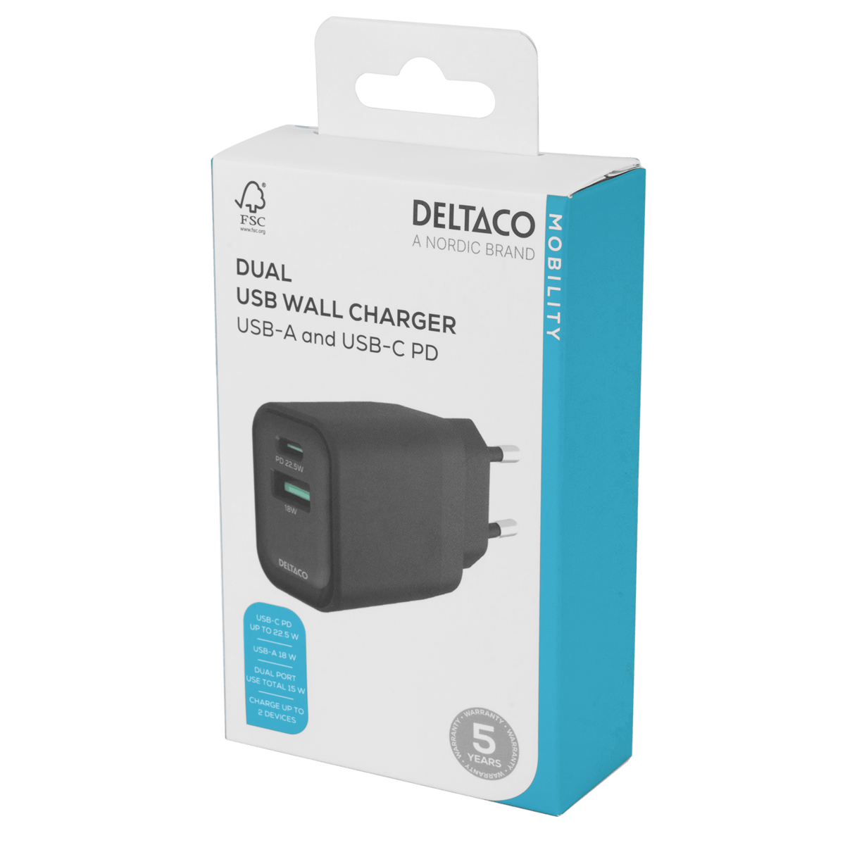 USB wall charger DELTACO, 1x USB-A